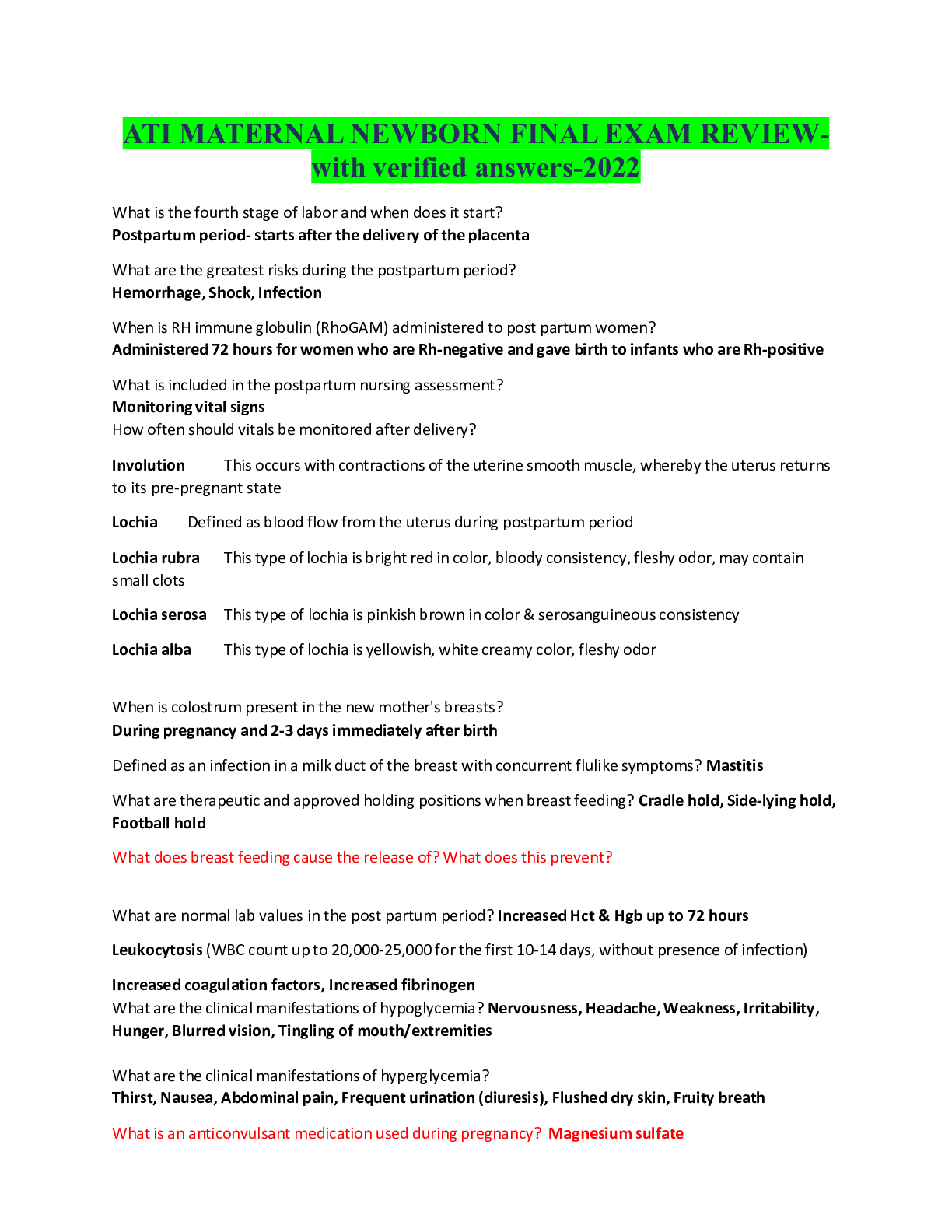 Preview image for ATI MATERNAL NEWBORN FINAL EXAM REVIEW-with verified answers-2022